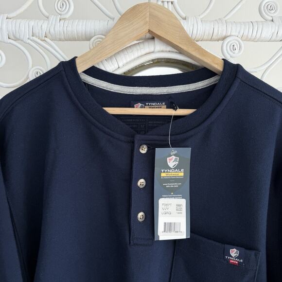Tyndale Shirt Large Flame Resistant Navy Henley Long Sleeve Pocket CAT2 AR FR - Picture 3 of 9